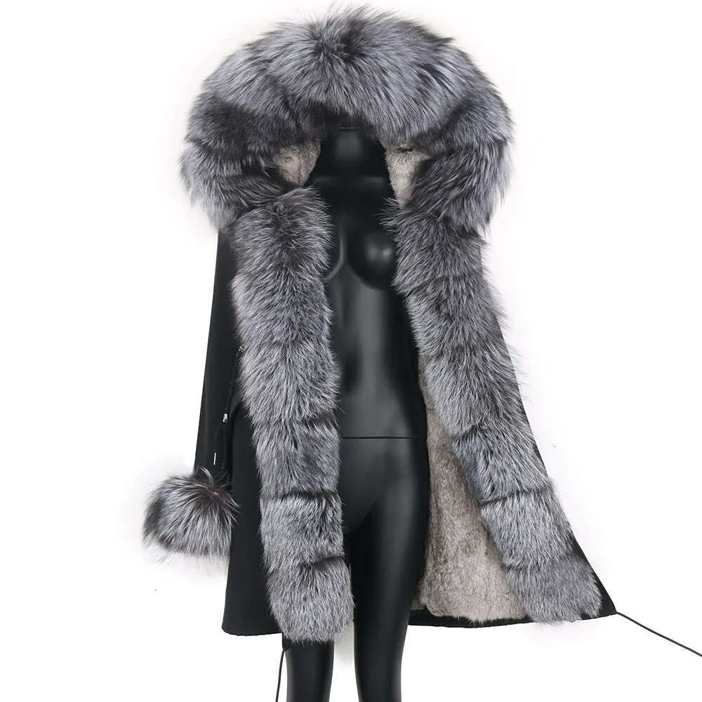 Winter Real Rabbit Fur Coat Women Long Jacket Waterproof Parkas Rex Rabbit Liner Removable Raccoon Fur Collar Hooded Outwear