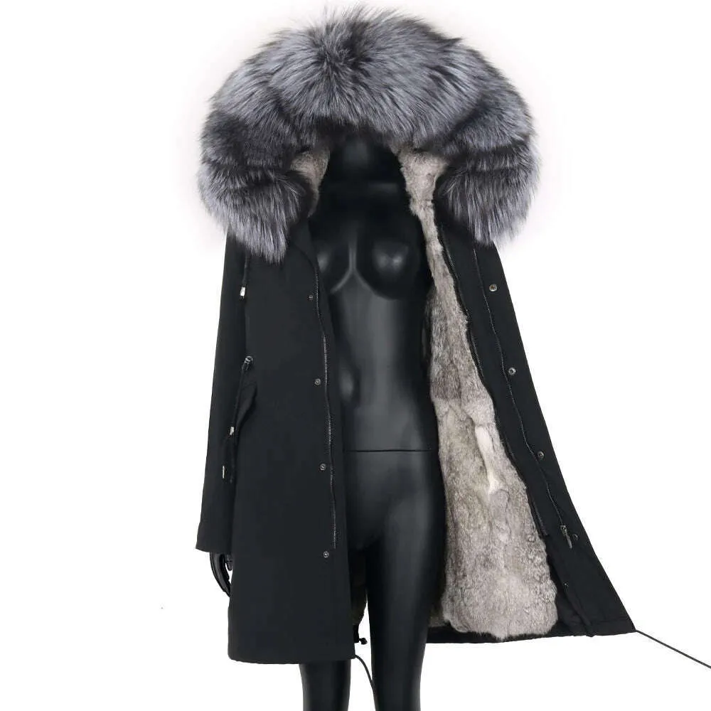 Winter Real Rabbit Fur Coat Women Long Jacket Waterproof Parkas Rex Rabbit Liner Removable Raccoon Fur Collar Hooded Outwear