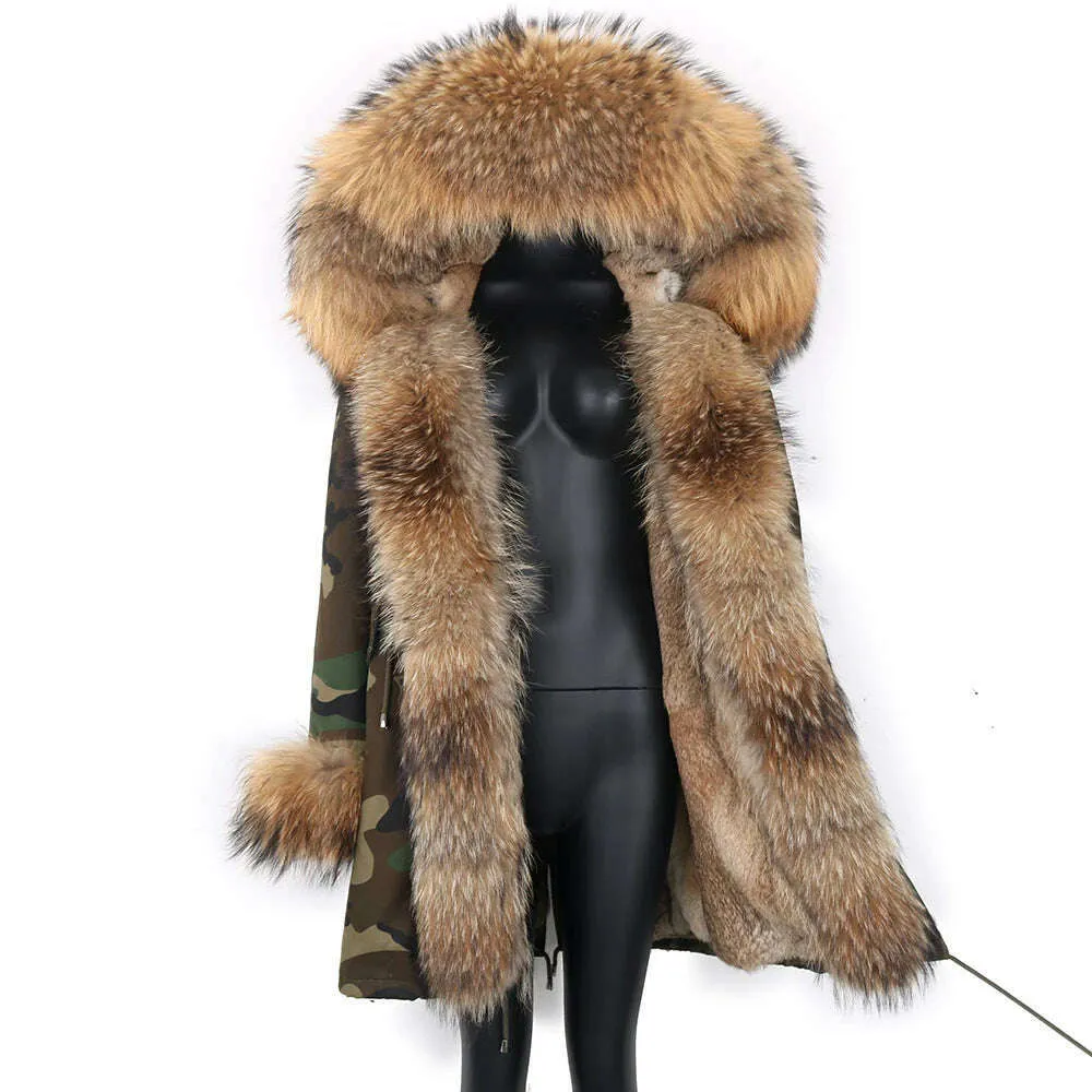 Winter Real Rabbit Fur Coat Women Long Jacket Waterproof Parkas Rex Rabbit Liner Removable Raccoon Fur Collar Hooded Outwear