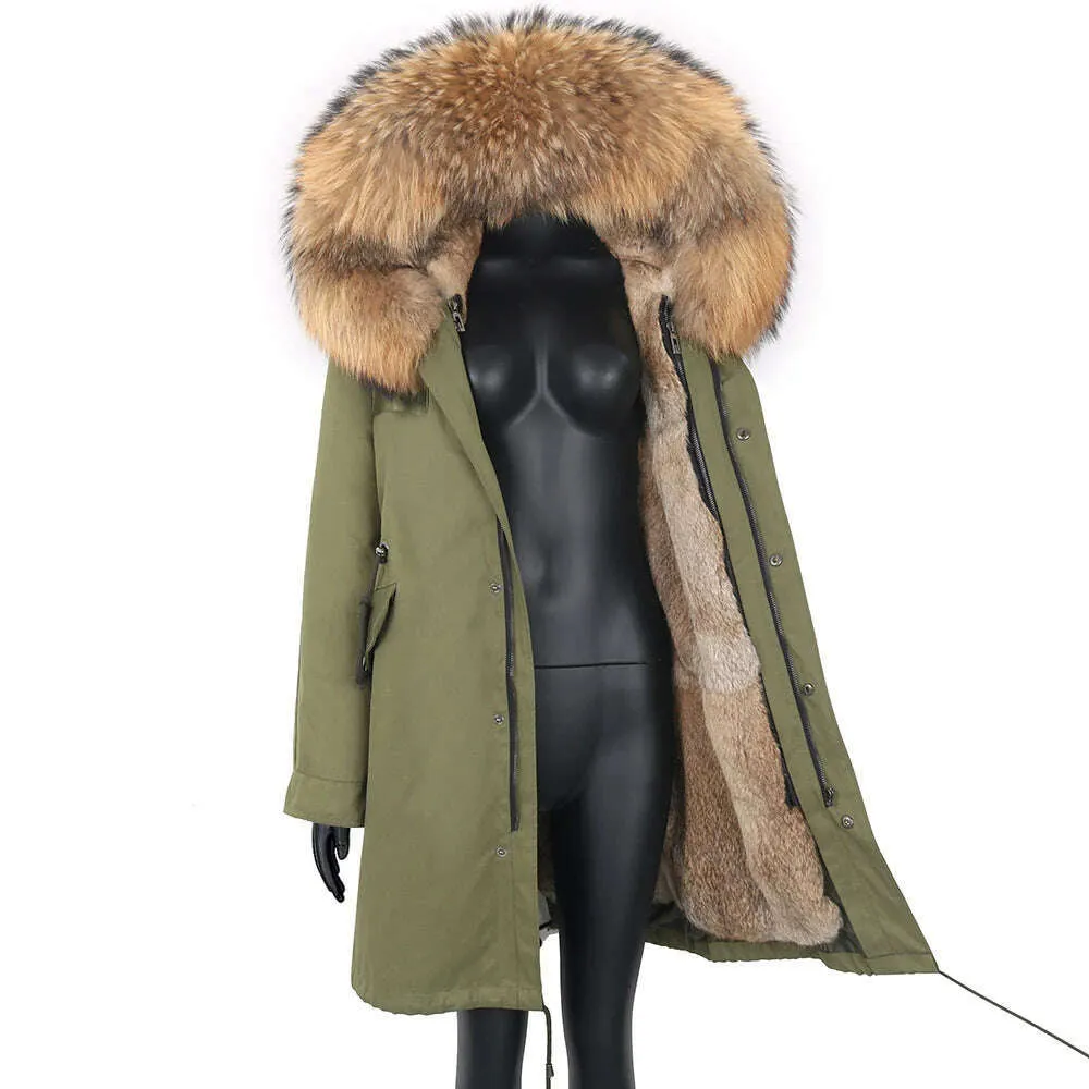 Winter Real Rabbit Fur Coat Women Long Jacket Waterproof Parkas Rex Rabbit Liner Removable Raccoon Fur Collar Hooded Outwear