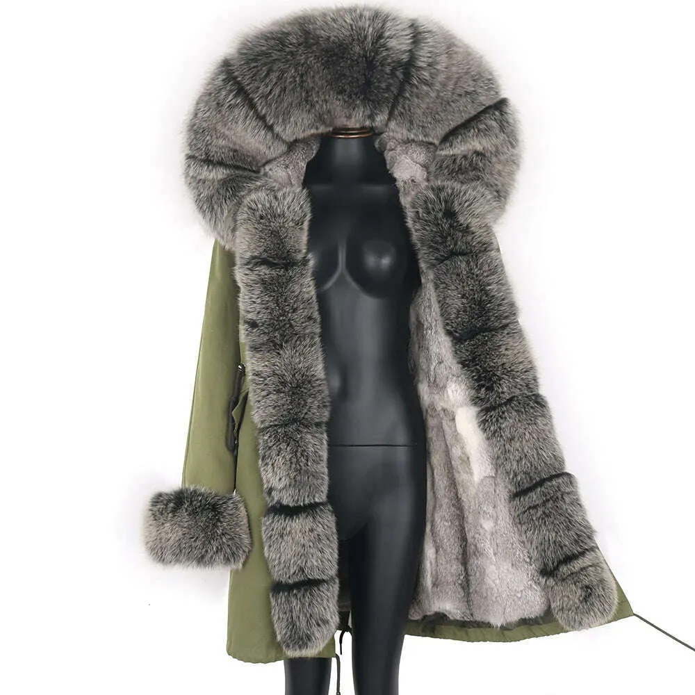 Winter Real Rabbit Fur Coat Women Long Jacket Waterproof Parkas Rex Rabbit Liner Removable Raccoon Fur Collar Hooded Outwear