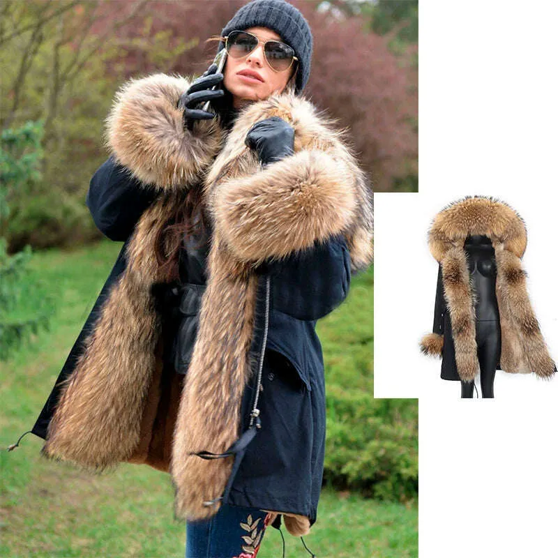 Winter Real Rabbit Fur Coat Women Long Jacket Waterproof Parkas Rex Rabbit Liner Removable Raccoon Fur Collar Hooded Outwear