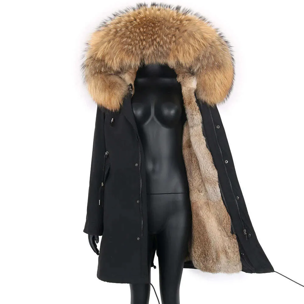 Winter Real Rabbit Fur Coat Women Long Jacket Waterproof Parkas Rex Rabbit Liner Removable Raccoon Fur Collar Hooded Outwear