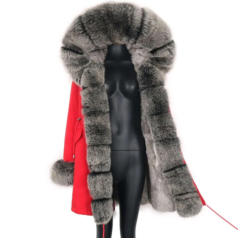 Winter Real Rabbit Fur Coat Women Long Jacket Waterproof Parkas Rex Rabbit Liner Removable Raccoon Fur Collar Hooded Outwear