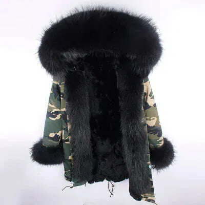 Winter Real Rabbit Fur Coat Women Long Jacket Waterproof Parkas Rex Rabbit Liner Removable Raccoon Fur Collar Hooded Outwear