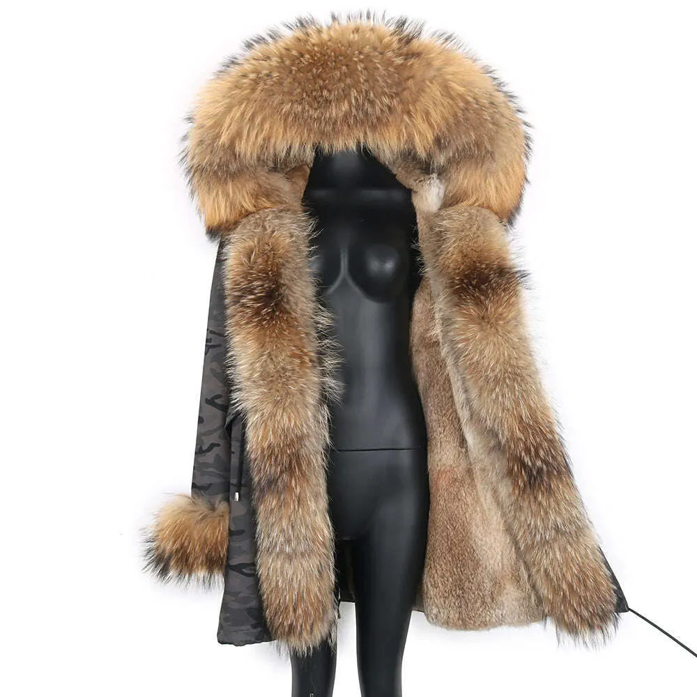 Winter Real Rabbit Fur Coat Women Long Jacket Waterproof Parkas Rex Rabbit Liner Removable Raccoon Fur Collar Hooded Outwear