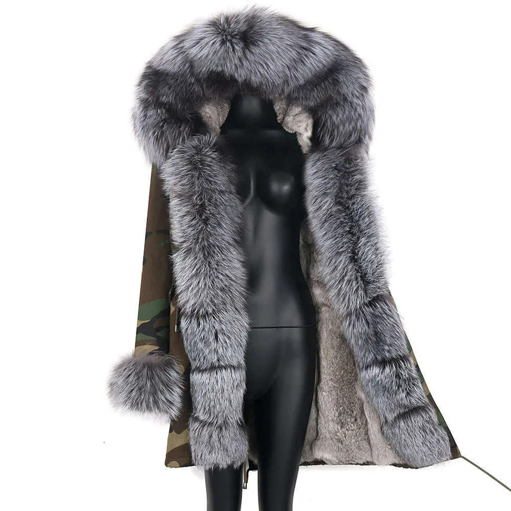 Winter Real Rabbit Fur Coat Women Long Jacket Waterproof Parkas Rex Rabbit Liner Removable Raccoon Fur Collar Hooded Outwear