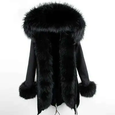 Winter Real Rabbit Fur Coat Women Long Jacket Waterproof Parkas Rex Rabbit Liner Removable Raccoon Fur Collar Hooded Outwear