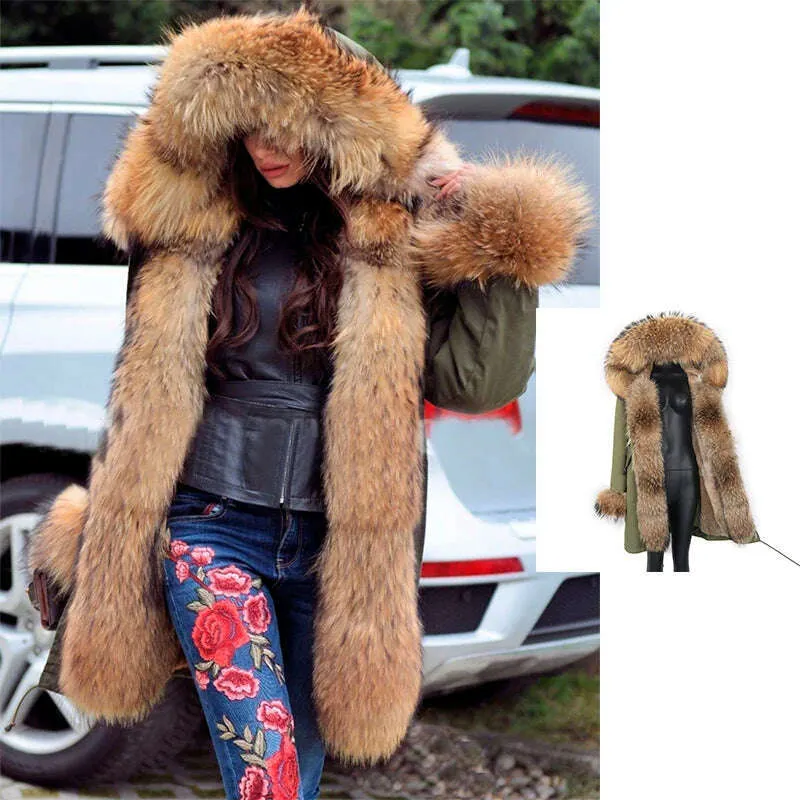 Winter Real Rabbit Fur Coat Women Long Jacket Waterproof Parkas Rex Rabbit Liner Removable Raccoon Fur Collar Hooded Outwear