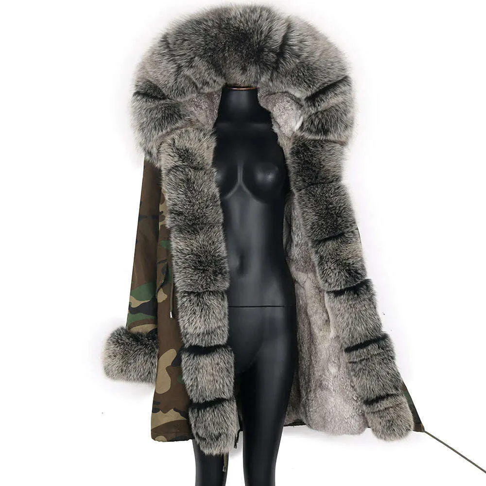 Winter Real Rabbit Fur Coat Women Long Jacket Waterproof Parkas Rex Rabbit Liner Removable Raccoon Fur Collar Hooded Outwear