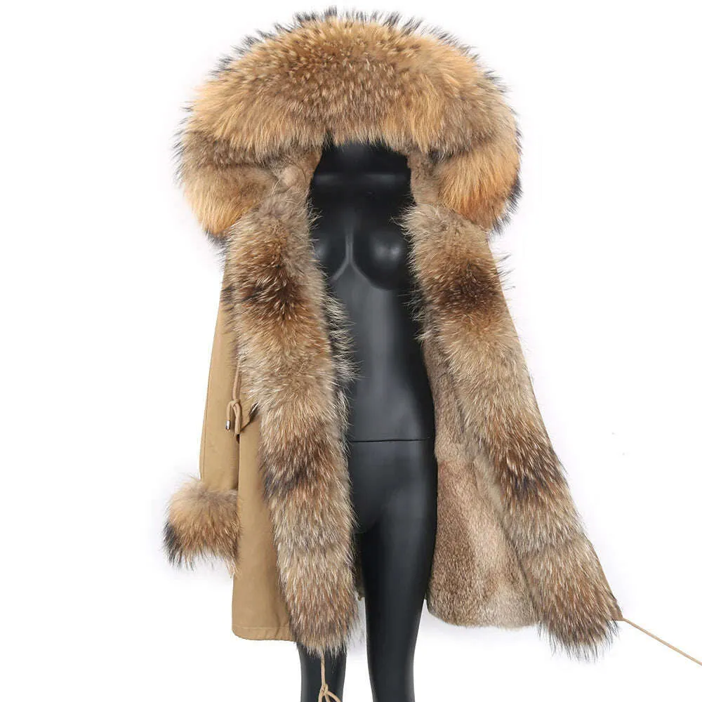 Winter Real Rabbit Fur Coat Women Long Jacket Waterproof Parkas Rex Rabbit Liner Removable Raccoon Fur Collar Hooded Outwear