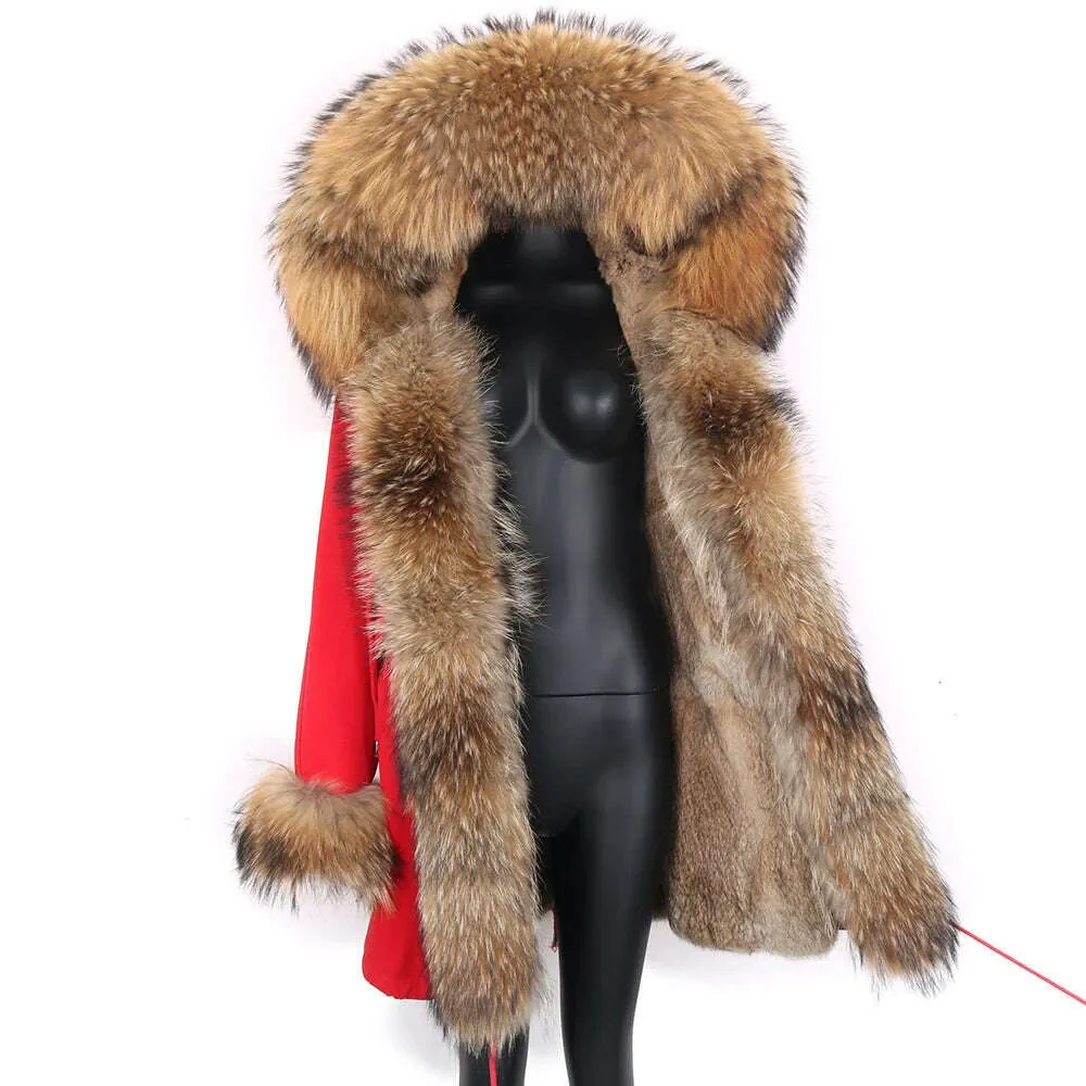 Winter Real Rabbit Fur Coat Women Long Jacket Waterproof Parkas Rex Rabbit Liner Removable Raccoon Fur Collar Hooded Outwear