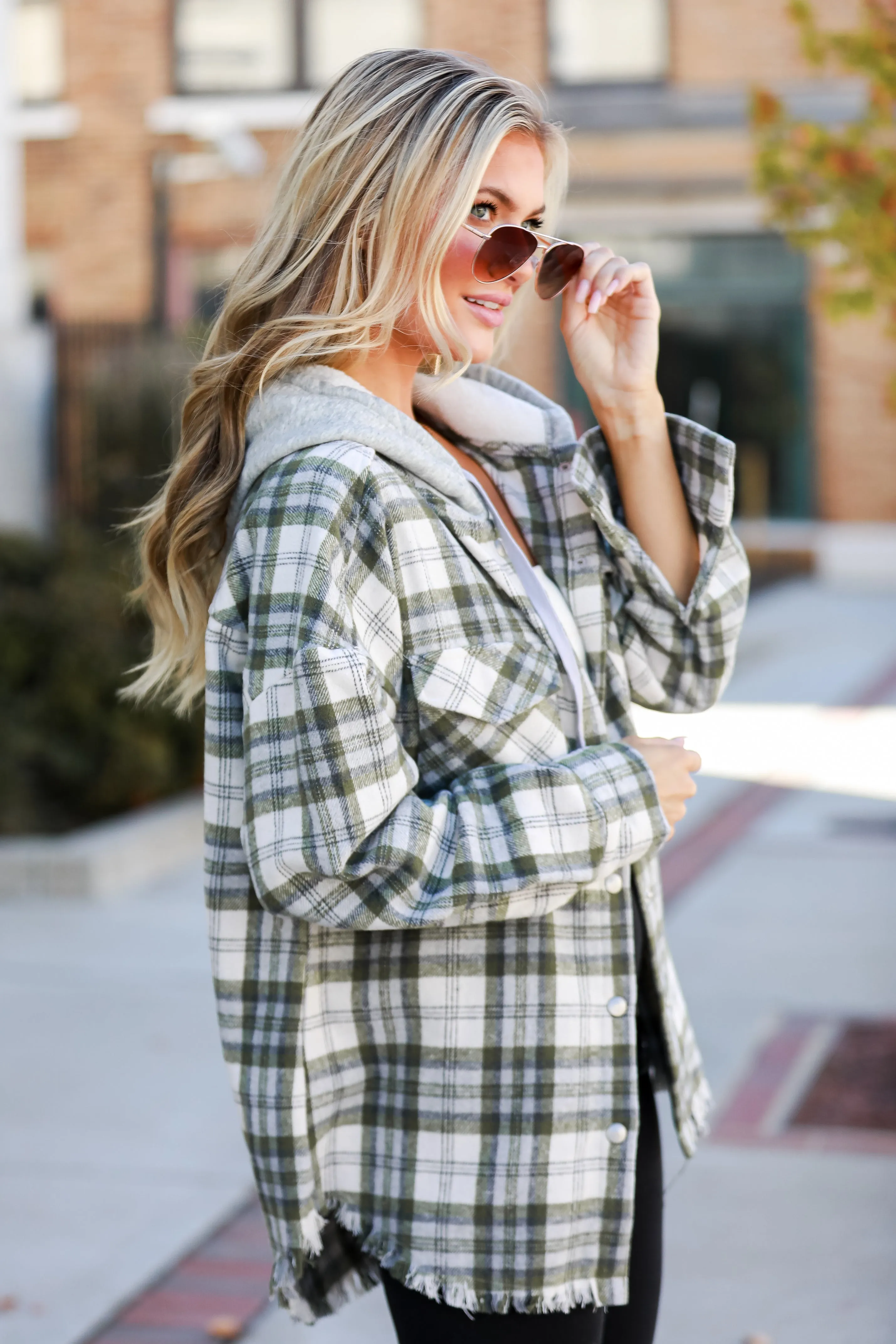 Wintery Behavior Olive Plaid Hooded Shacket