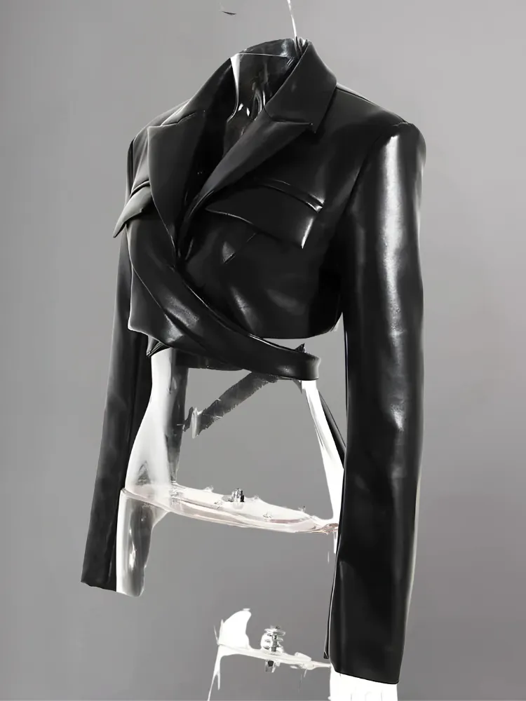 WOMENS SHORT LEATHER SUIT JACKETS LAPEL COLLAR